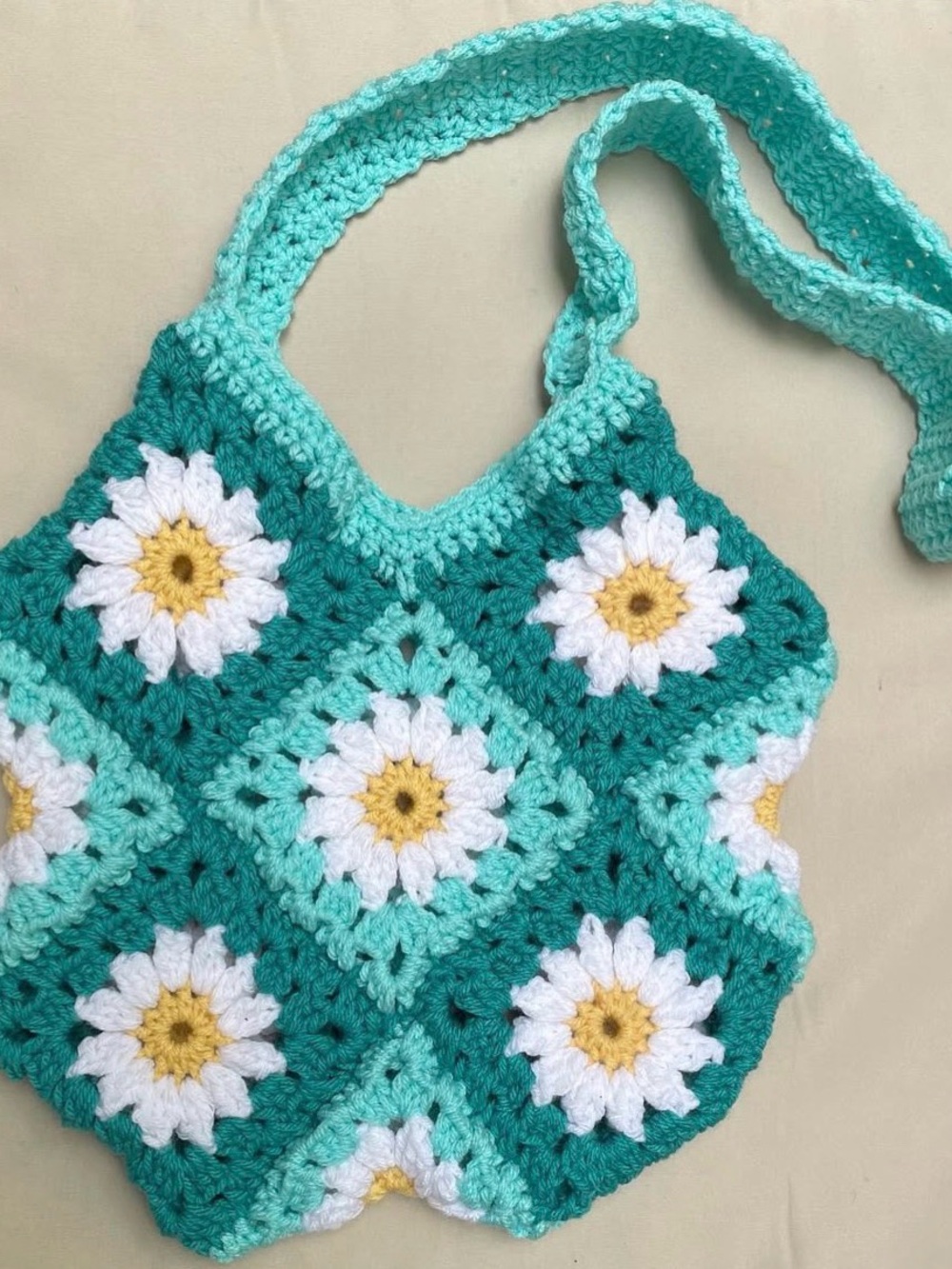 Handmade Daisy Crochet Shoulder Bag - Turquoise